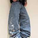 Men's Baggy Jeans Blossom Embroidery Pattern Wide Leg Y2K Jeans Mid Rise Denim Pants Streetwear (Blue, M)