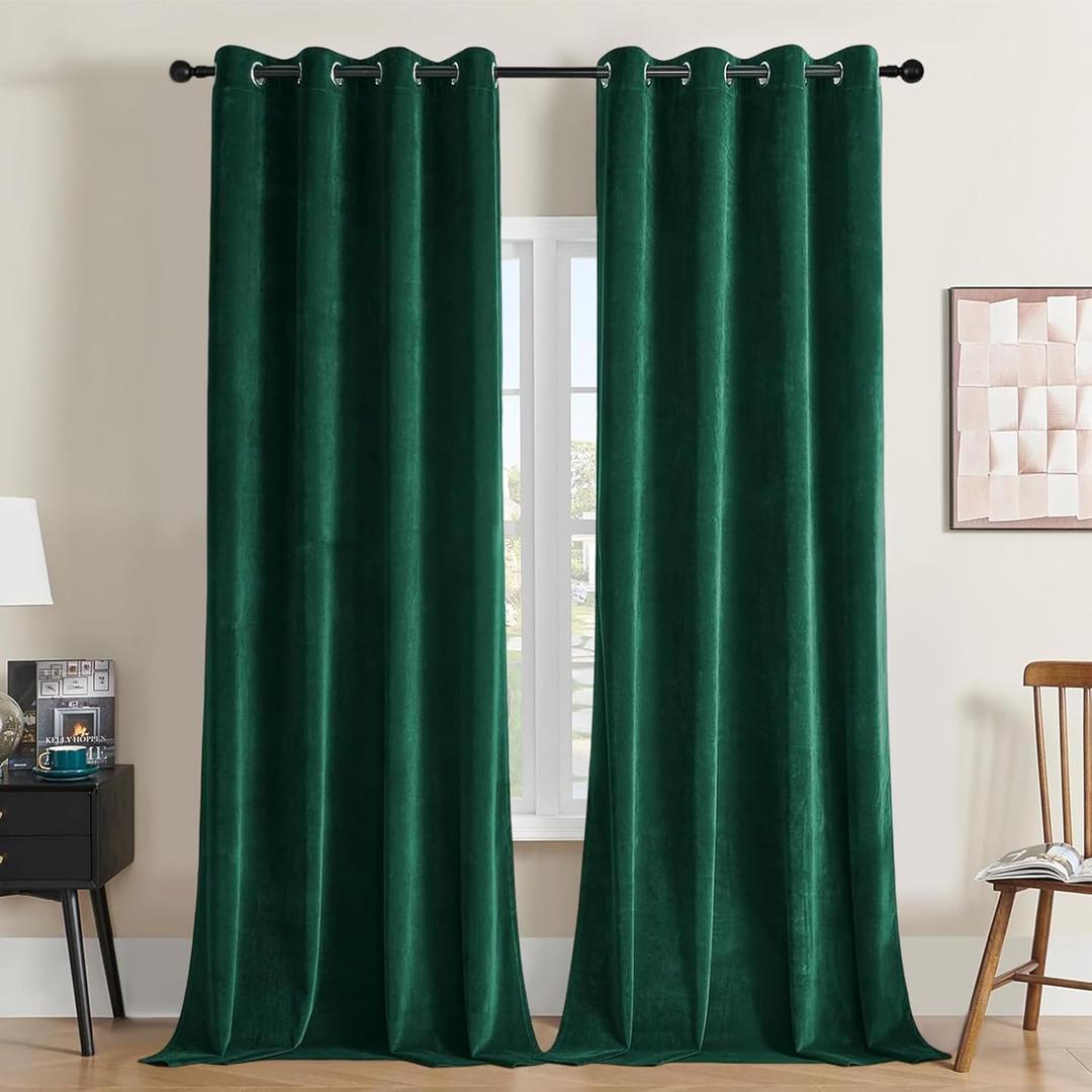 Joydeco Dark Green Velvet Curtains 108 Inches Long, Luxury Grommet Blackout Curtain 2 Panels, Thermal Insulated Privacy Room Darkening Window Drapes for Bedroom Living Room Home Theatre (52Wx108L) (52"W x 108"L (Pack of 2), *Grommet | Dark Green)