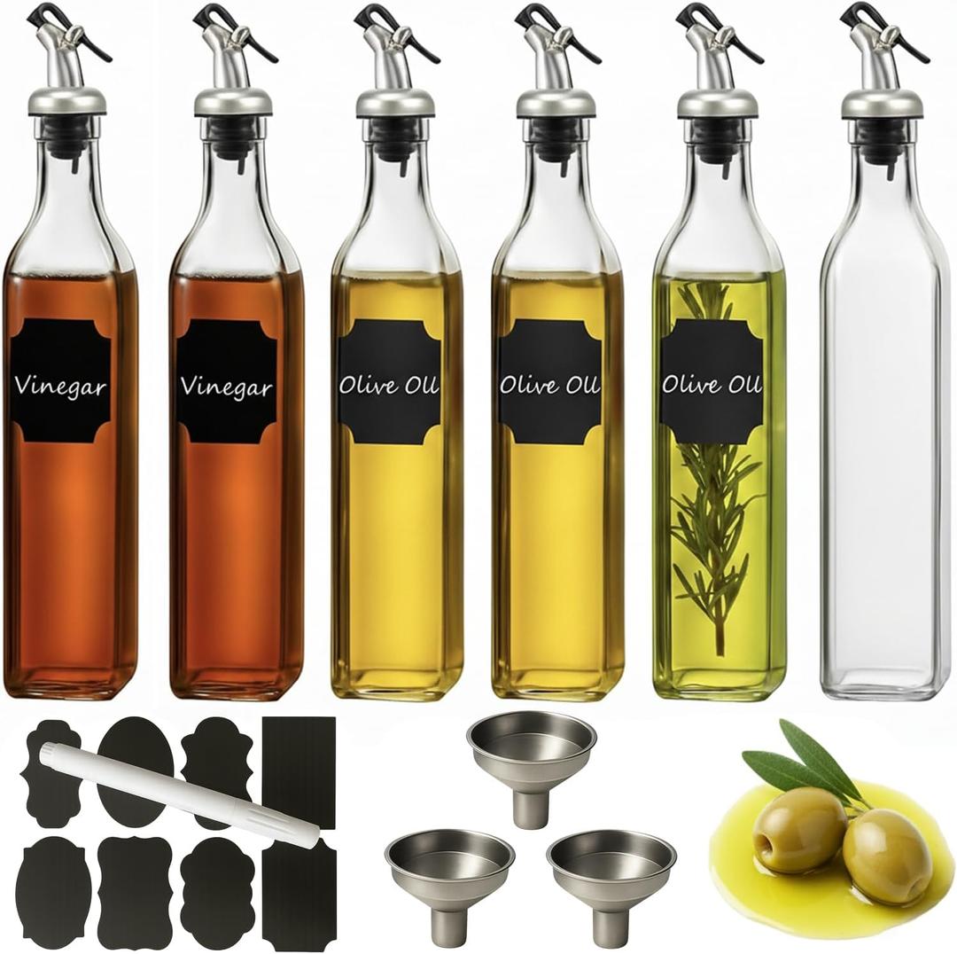 WERTIOO 6 PACK Glass Olive Oil Dispenser Bottle, 17 OZ/500ml Oil Dispenser for Kitchen with 6 Pourer, 3 Stainless Steel Funnel & 1 Pen and 8 Label for Kitchen (Clear)
