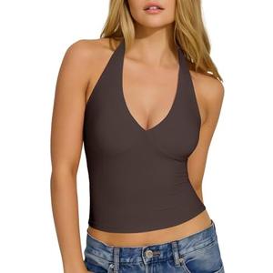 OMKAGI Womens Tank Tops Sexy Halter V Neck Going Out Tops Sleeveless Y2K Crop Top, XS