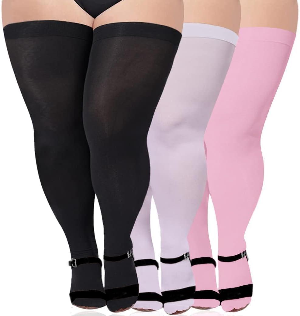 3 Pairs Plus Size Thigh High Stockings for Thick Thighs Extra Long Womens Opaque Sheer Stockings for Women (Black+white+pink)