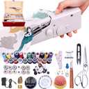 Hand Held Sewing Machine, with Red Wooden Sewing Box and 143 PCS Sewing Kit, Mini Portable Handheld Sewing Machine for Adults and Beginners, with a Power Adapter and Heavy-Duty Scissors (White)