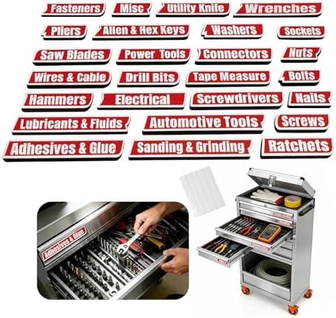 26 PCS Magnetic Tool Box Labels Set, Soft Magnetic Labels for Toolboxes, Carts, Drawers & Cabinets, Thickened Design, Includes 60 Adhesive Dots, Reusable, Tool Box Organizer Accessories (Red)