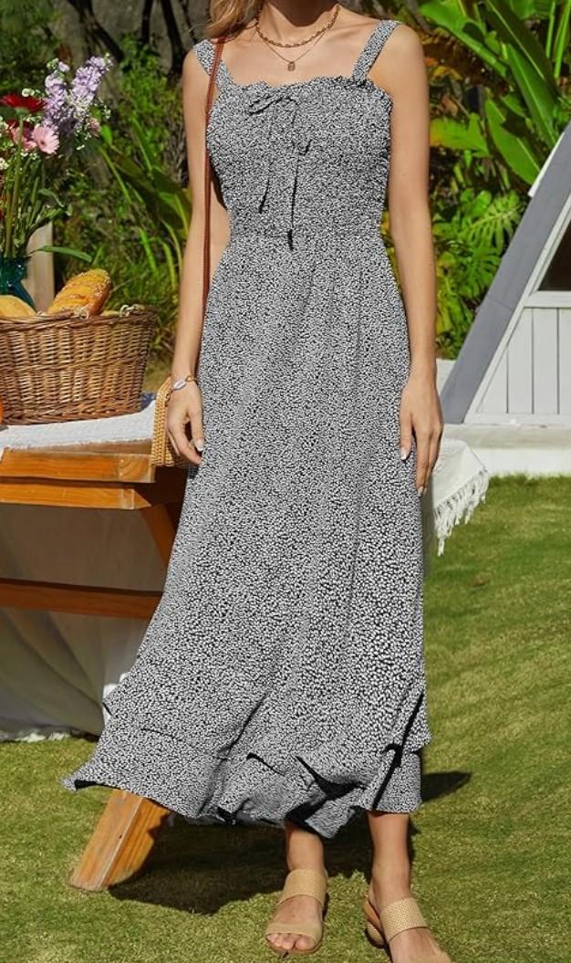 GRACE KARIN Women's 2025 Summer Floral Boho Dress Square Neck Strapped Swing A Line Sundress Beach Long Maxi Outfits, Size Small