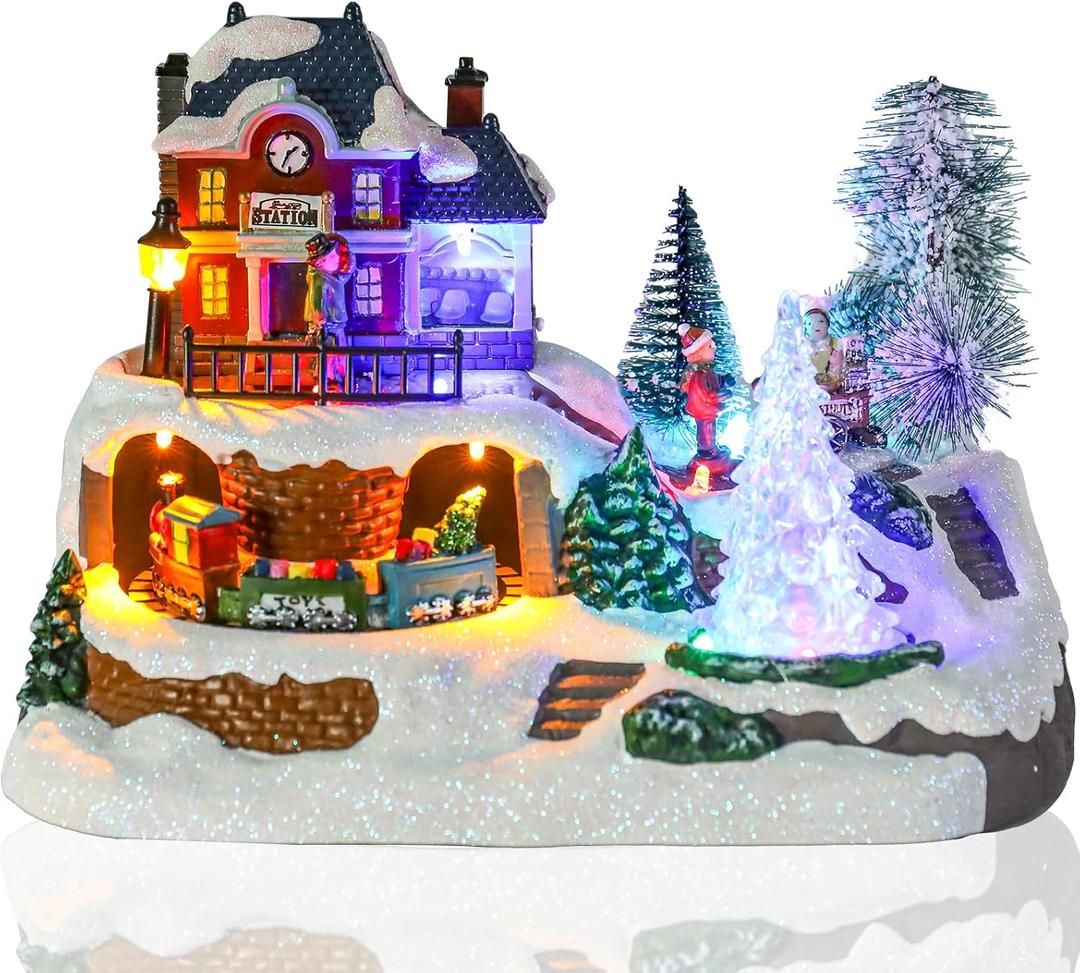 Ovewios Christmas Village Houses, Polyresin House Village Sets with Moving Train and Spinning Tree & Colorful Warm LED Lights & 8 Songs, Battery Operated Christmas Decorations Indoor