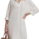 KIFOVEN Women's Print Button Down Long Sleeve Casual Beach Mini Cover Up Shirt Dress (White, M)