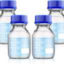 Patelai 4 Pieces Glass Round Media Storage Glass Bottles Borosilicate Media Bottles with GL45 Blue Screw Cap for Lab Water Reagent Liquids(100 ml)