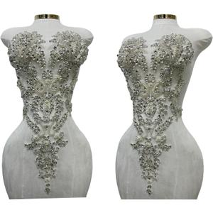 Handmade Rhinestones Lace Bodice Applique Sew on Beads Sequins Trimming Patches for Dress Clothing Accessories 1Pcs/Bag (Silver)