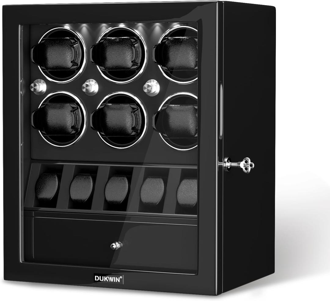 DUKWIN Watch Winder for 4/6/8 Automatic Watches, Lockable Winders with Watch Holders and Jewelry Storage, Super Quiet Motor with High-Gloss Finish, Built-in Illumination