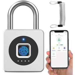 eLinkSmart Fingerprint Gym Locker Lock, Keyless Biometric Padlock, Weatherproof Electronic Digital Smart Combo Pad Lock for Outdoor Fence Gate Storage Fridge Helmet Ski Pool Shed (Silver, with Cable)