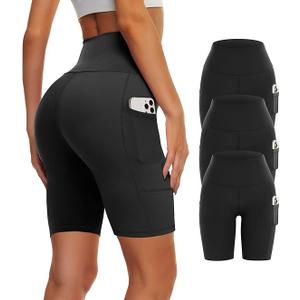 3 Pack Biker Yoga Shorts with Pockets for Women, High Waist Tummy Control Workout Running Gym, Size S/M