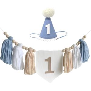1st Birthday Decorations for Baby Boy Blue Handmade High Chair Banner with Cone Hat for Boy First Birthday Wall Hangings Decorations