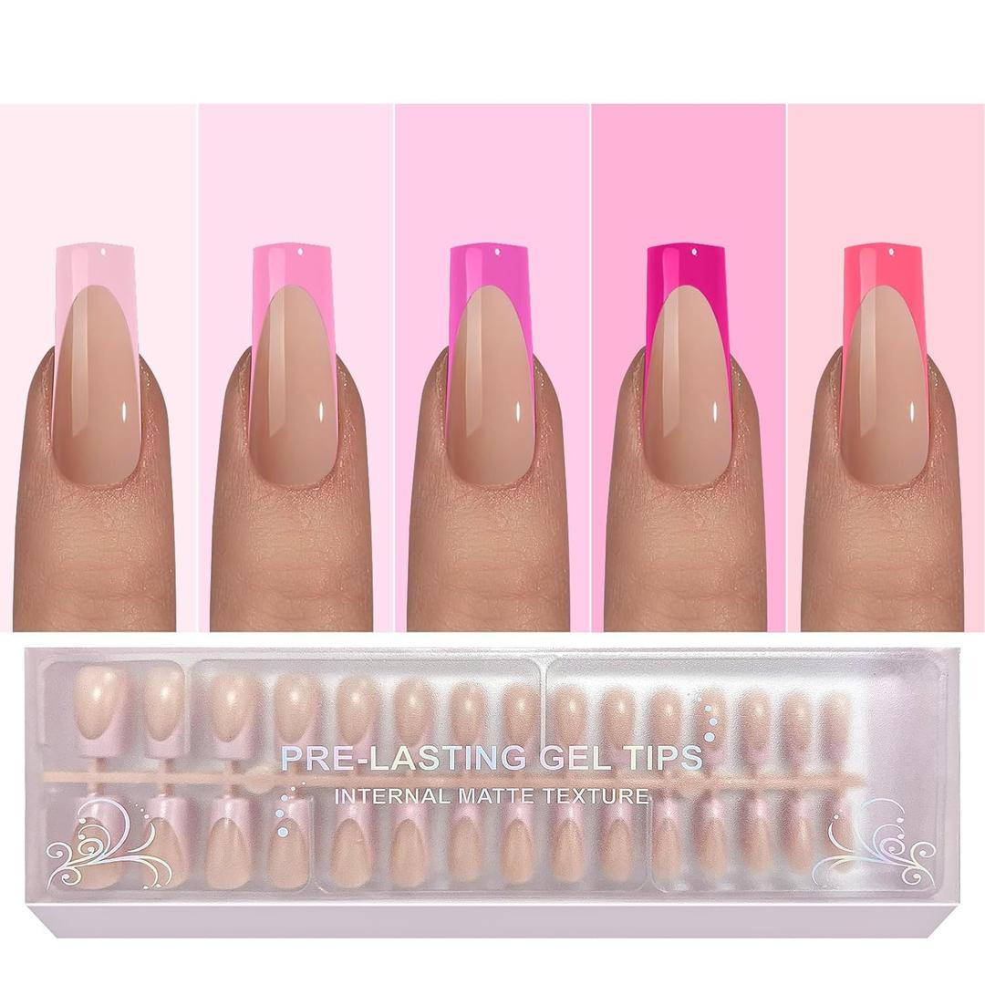Pink French Tip Press On Nails, OPkssnails 150pcs Deep French Press ON Nails Long Square, Pre-lasting Soft Gel Nails, Soak Off Acrylic False Nails for Nail Art DIY Extension 15 Size