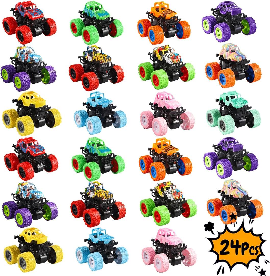 24Pcs Monster Truck Toys, Mini Monster Jam Trucks for Kids Boys & Girls, Friction Push & Go Toy Cars Party Favors, Birthday Valentines Day Gifts, Classroom Prizes, Christmas Goodies Stuffers