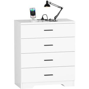 Dresser with Power Outlets Wooden 4 Drawer Dresser with USB and Type C Port Chest of Drawers for Bedroom Tall White Organizer Storage for Living Room Hallway Closet