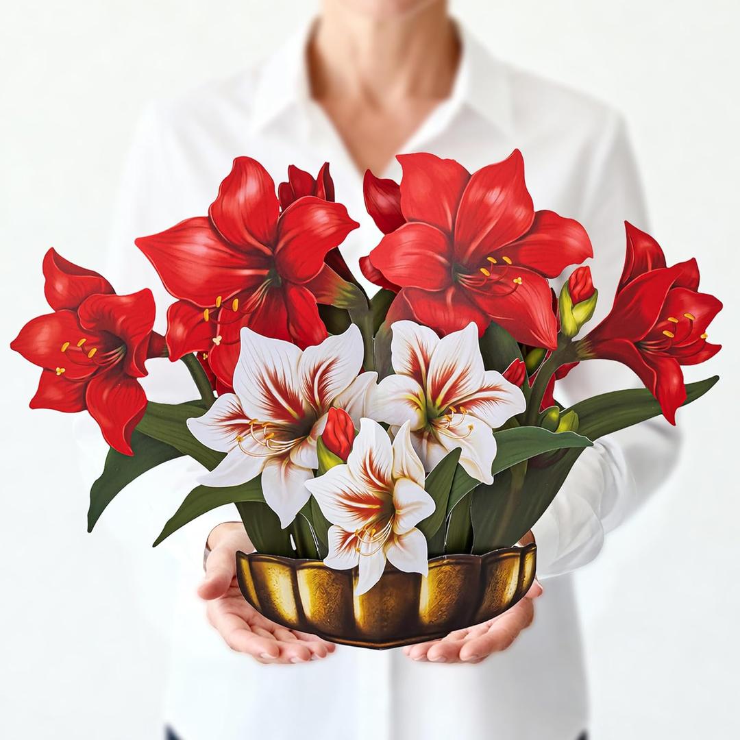 Amaryllis Pop Up Card, Merry Christmas, 16 Inches Real Size Display 3D Paper Flower Bouquet, Vase, Leaves, Forever Holiday Dcor, Greeting Cards with Envelope & Message Note, Gift for Xmas Season