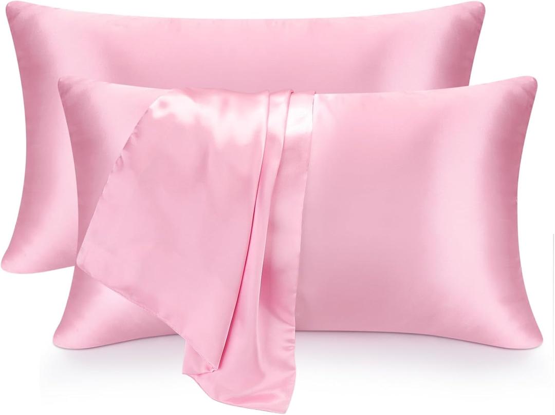 2 Pack Satin Pillow Cases, Similar to Silk Pillowcases Standard Set of 2, Health, Smooth, Beauty Sleep, Soft Breathable Cooling Satin Pillow Covers for Women Menn (Pink)