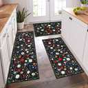Floral Kitchen Rug Sets 3 Piece, Washable Kitchen Mats for Floor Non Slip Soft Thick Kitchen Floor Mat Carpet Runner Rugs for Hallway Laundry Room, Black