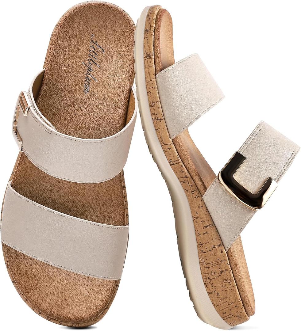 Littleplum Women Slides Sandals Arch Support Open Toe Slip on Sandals Soft Cushion Slippers Comfy Casual Summer Shoes for Walking,Beach,Travel, 10, Apricot