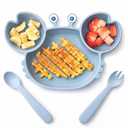 ROCCED Suction Plates for Baby, Silicone Plates with Suction Divided, Baby Spoon Fork Set for Toddler Baby Dishes Kids Utensils-Crab Dusty Blue