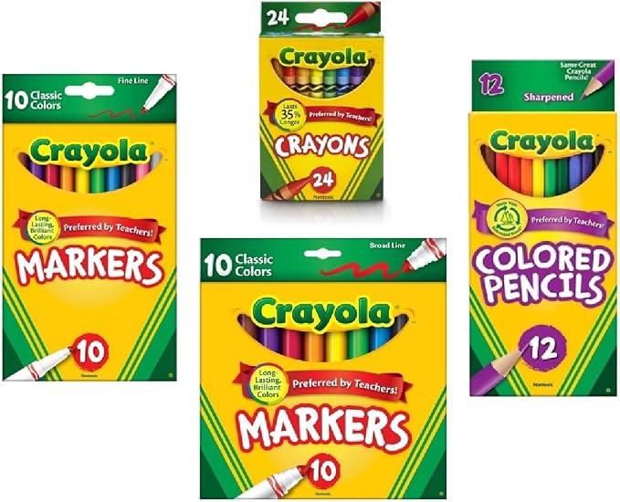 Crayola Pencils (24 Count), Crayola Colored Pencils in Assorted Colors (12 Count), Crayola (10ct) Classic Fine Line Markers, and Crayola (10ct) Classic Broad Line Markers Back to School Bundle 