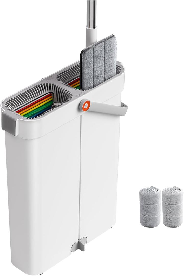 Mop and Bucket with Wringer Set for Home, Flat Mop and Bucket System, Mops for Floor Cleaning and Wall Cleaner, with 2 Reusable Microfiber Mop Pads (15.7" width)