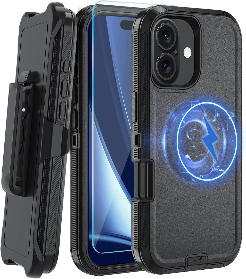 Magnetic for Phone iPhone 17 Case,with Belt Clip,[Compatible with Magsafe] W/Tempered Glass Screen Protector,Anti-Drop,Shockproof,Heavy Duty Protection (Black)