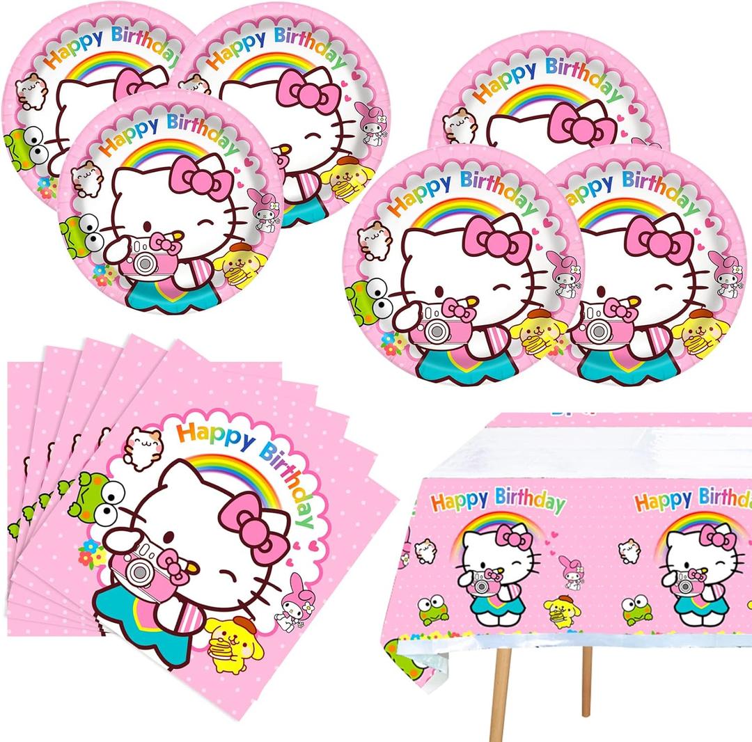 Kitty Birthday Party Supplies, 20 Plates, 20 Napkins and 1 Tablecover for Girls Kitty Party Decorations