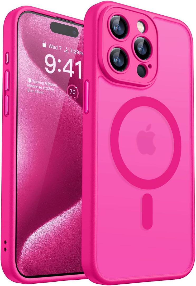 CANSHN Magnetic Compatible with iPhone 15 Pro Max Case, Upgraded [Full Camera Protection] [Compatible with Magsafe] [Translucent Matte] Shockproof Protective Phone Case Cover 6.7 Inch - Hot Pink