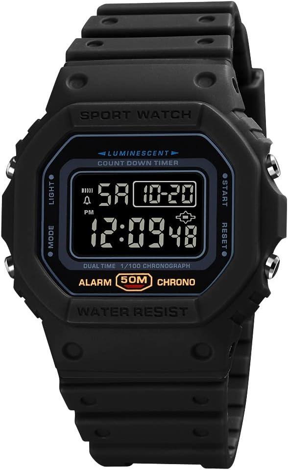 Men's Women's Digital Sport Watch, Black, 50M Waterproof, Chronograph, Alarm, Countdown Timer, Dual Time, LED Backlight