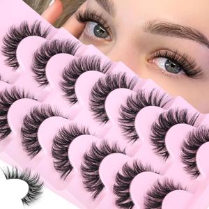 Wispy Lashes False Eyelashes Clear Band Cat Eye Lashes Natural Look 15MM Fake Eyelashes Pack Pestaas Postizas Naturales Wispy D Curvature Lashes, 7 Pairs