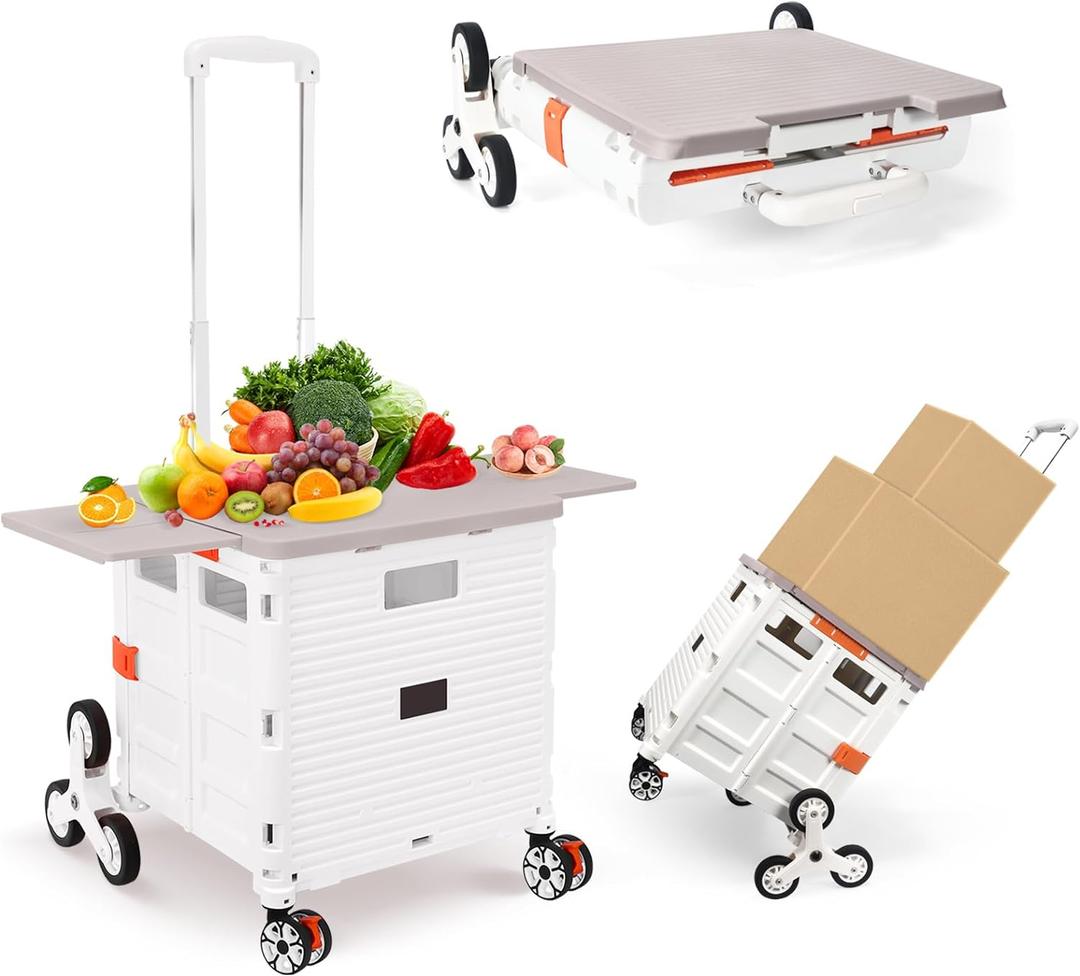 Foldable Utility Cart with Stair Climbing Wheels,Collapsible Rolling Crate with Magnetic Lid Telescopic Cover,Telescoping Handle,360 Rotate Wheel Hand Cart for Teacher Shopping Moving(Milky White)