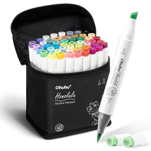 Ohuhu Alcohol Markers Brush Tip -Double Tipped Art Marker Set for Artist Adults Coloring Illustration -48 Colors -Brush & Fine -Honolulu B -Refillable