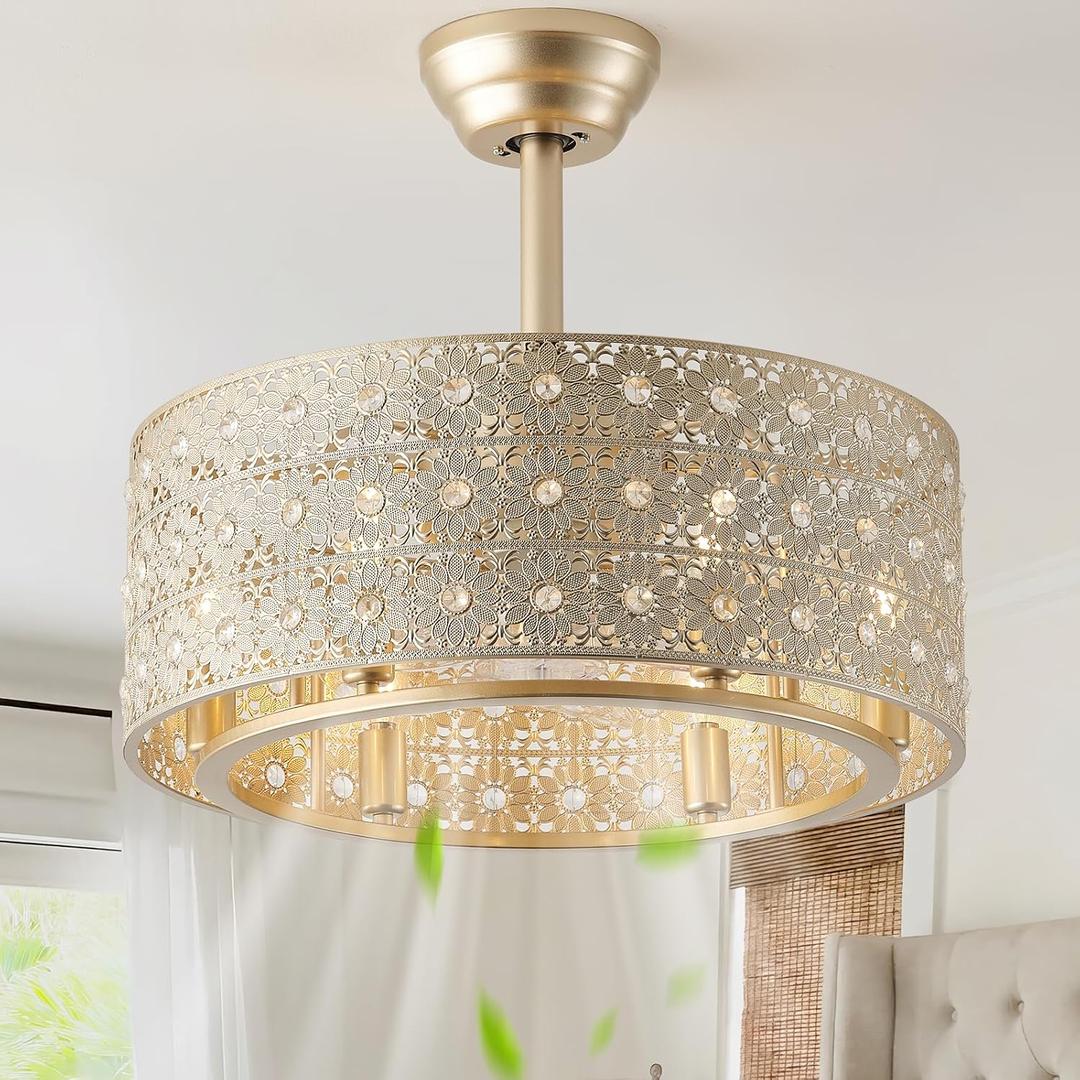 Phrylix 20" Gold Fandelier Crystal Ceiling Fans with Lights, Cage Gold Chandelier Ceiling Fan with Light Remote Control, 6-Speed for Bedroom, Nursery, Foyer, Living Room