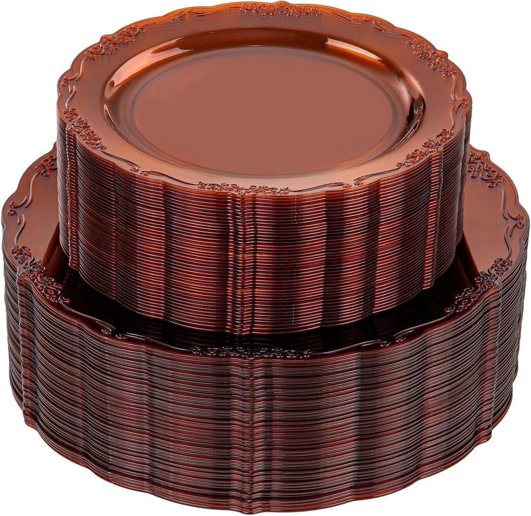 U-QE 100PCS Amber Plastic Plates - Clear Brown Plastic Plates Disposable Heavy Duty - Disposable Plates for Party Including 50PCS 10'' Dinner & 50PCS 7.5'' Dessert Plate