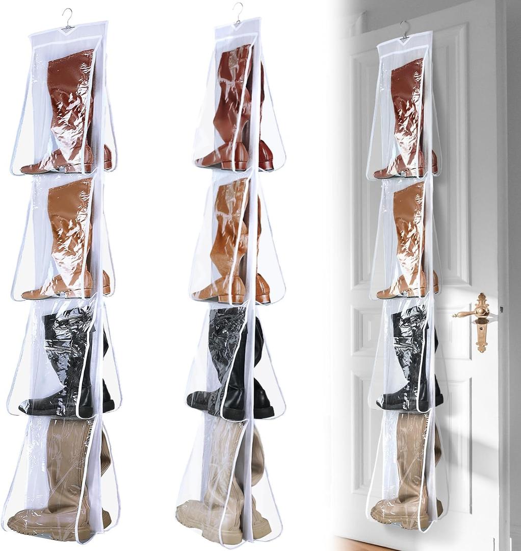 Windyun Sets 16 Large Clear Pockets Fabric Dual Sided Hanging Shoe Rack for Closets Hanging Shoe Organizer with Rotating Hanger Boot Organizer for Storage Men's and Woman's Boots(White)