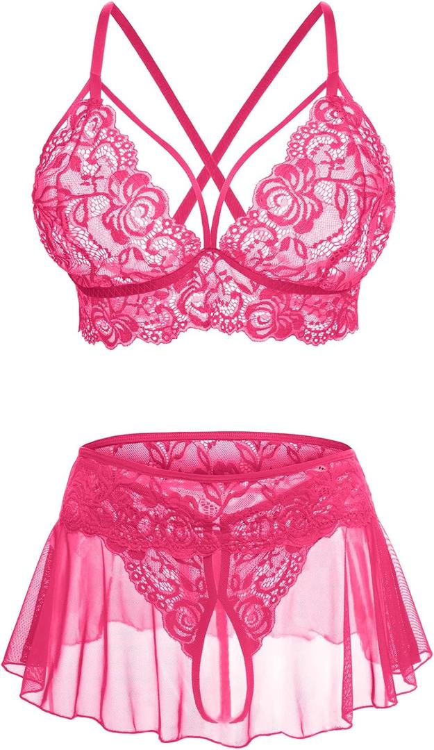 Sexy Lingerie for Women Naughty 3 Piece Lace Bralette, Mini Skirt with G-String Crotchless Lingerie Outfits (Small, Hot Pink)