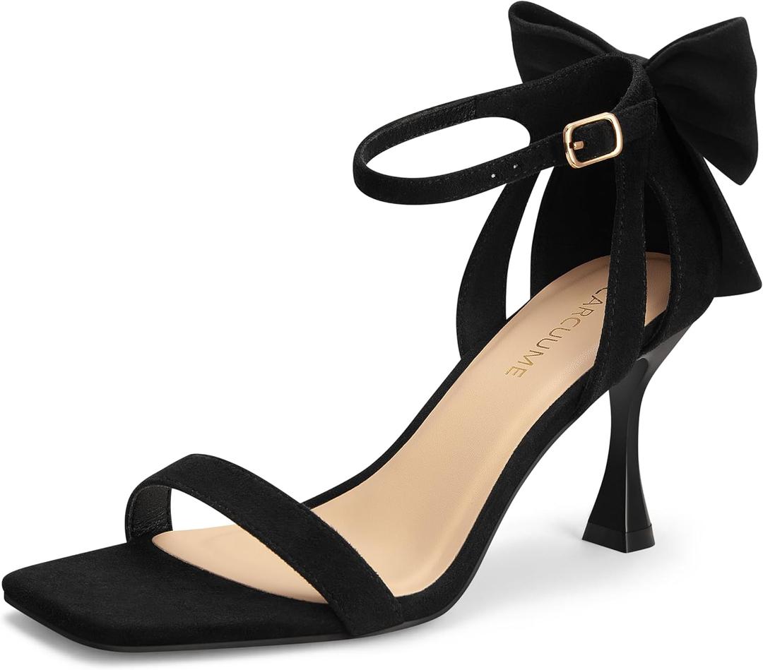Carcuume Women's Square Toe Heels Bow Tie Ankle Strap Heel Sandals Open Toe Wedding Shoes (6.5, Black)