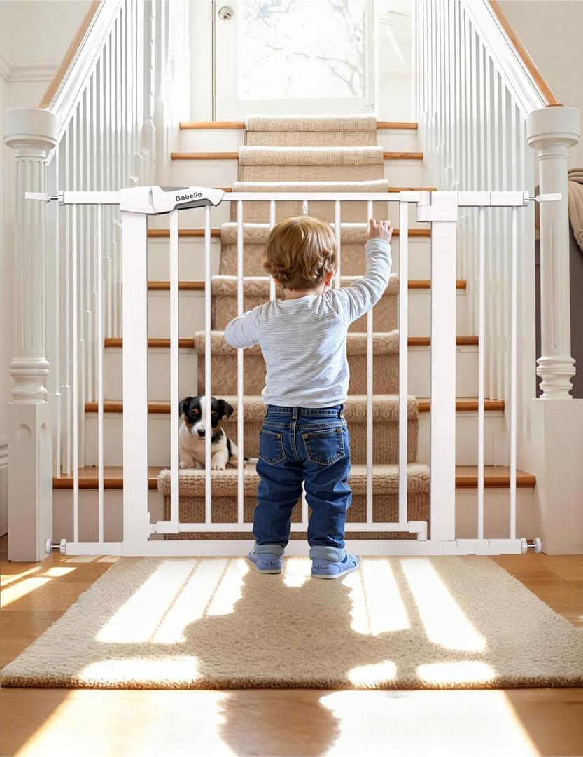 Babelio Metal Baby Gate, 29-43" Auto Close Easy Install Pet Gate PressGuard P7, Extra Wide Walk Thru Child Safety Gate, 30" Tall Pressure Mounted Dog Gate for Doorways & Stairs, White