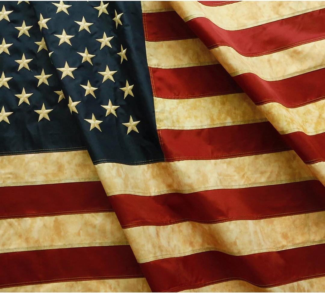 ANLEY Vintage Style Tea Stained American Flag 3x5 Foot - Embroidered Stars and Sewn Stripes - 4 Rows of Lock Stitching - Antiqued US National Banner Flags with Brass Grommets 3 X 5 Ft
