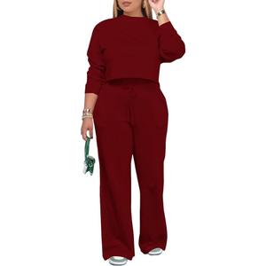 PINSV Women's 2 Piece Outfits Sweatsuit Set Long Sleeve Crop Top Drawstring Wide Leg Pants with Pockets Track Suits Casual Sets Wine XL