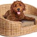 DBD1000B Curvy 28.5" x 17.25" Classic Handwoven Rattan Pet Bed with Machine-Washable Cushion, Light Brown