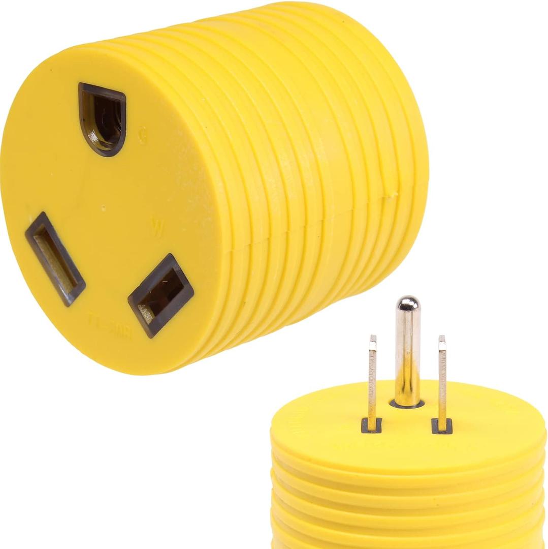 Power Adapter 3 prong 15 amp Male to 30 amp 110 Female RV Camper Generator Plug Outdoor Electrical Power Converter, Straight Blade TT30P to 5-15R, Mini Size (15 Male - 30 Female, Yellow)