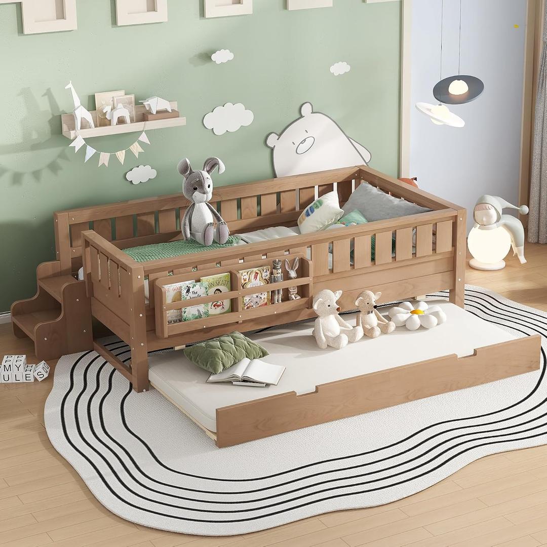 Bellemave Twin Kids Montessori Bed with Stairs, Bookshelf and Trundle, Solid Wood Kids Bed Frame with Storage for Boys Girls, Low Profile,Natural