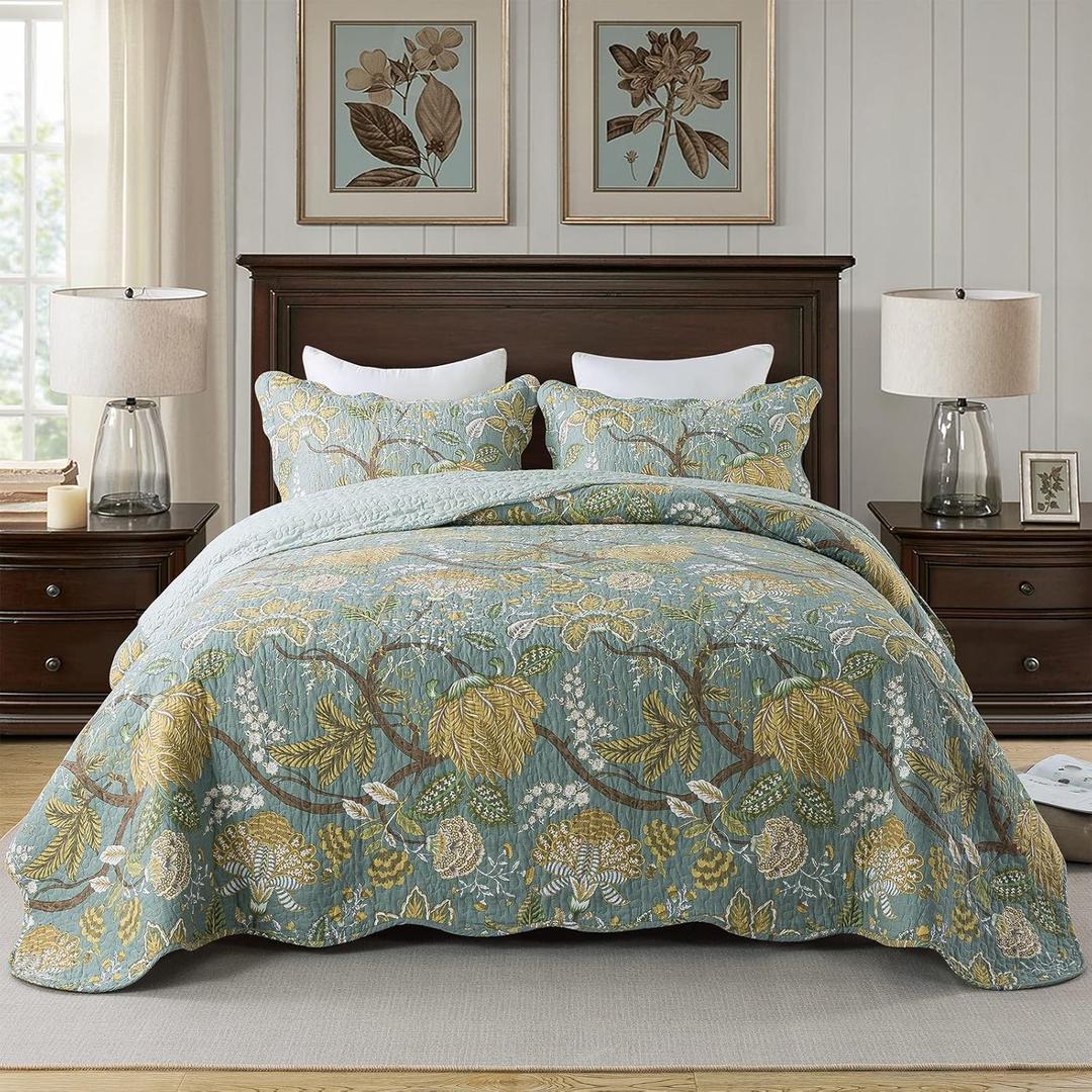 Travan 3-Piece Quilt Set Quilted Bedspread Cotton Coverlet Set Floral Printed Oversized Quilted Bedding Set with Shams for All Season, Green Vine, Queen Size