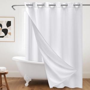 No Hook Waffle Weave Shower Curtain with Snap-in Fabric Liner,256GSM Heavy Duty Fabric Shower Curtain Set,White Waterproof Washable Luxury Shower Curtain for Bathroom Stall (72x75 Inch)