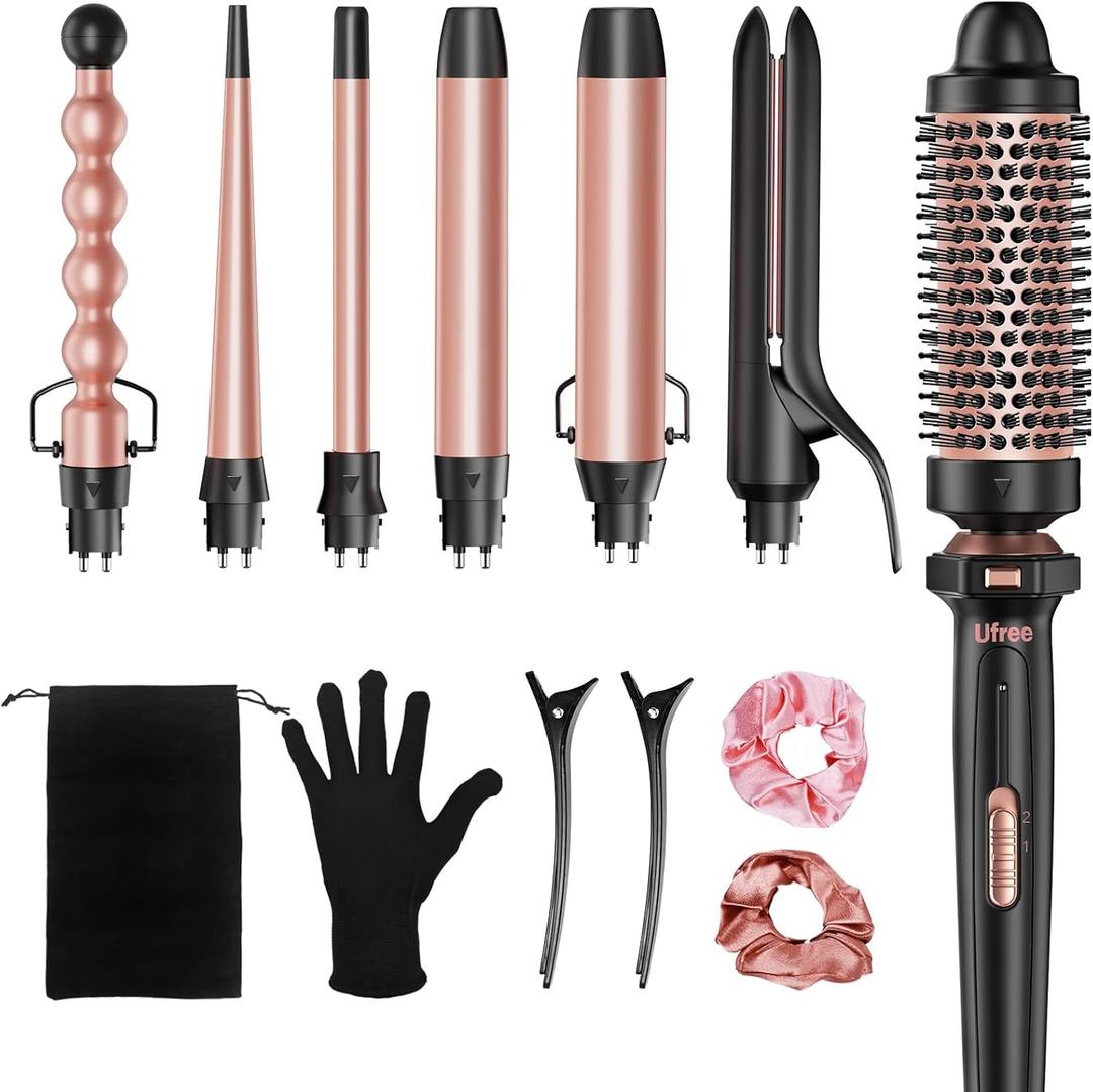 Ufree 7-in-1 Curling Iron Set with Interchangeable Ceramic Barrels, Curling Wand Set with Thermal Brush, Hair Straightener and Wand Curling Iron, Versatile Styling Hair Curlers Set, Gifts for Women