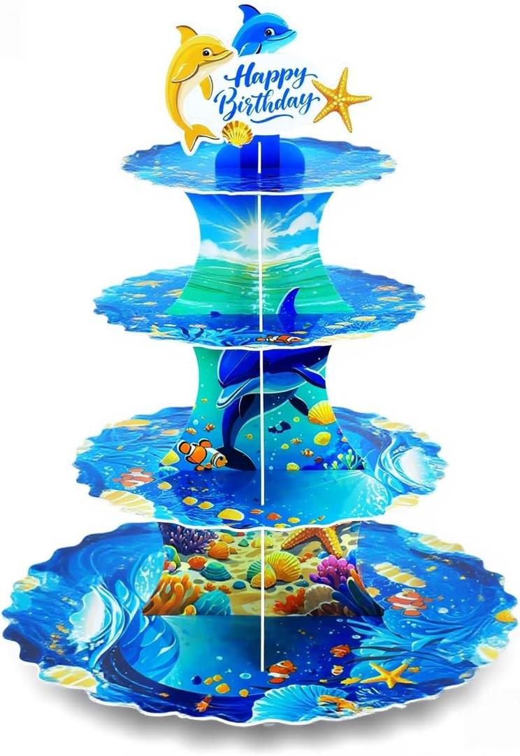 AMZWKT 4-Tier Extra Large Happy Birthday Under The Sea Ocean Cardboard Cupcake Stand Ocean Themed Birthday Party Decorations for Boys Girls First Baby Shower Baby Shark Decoration