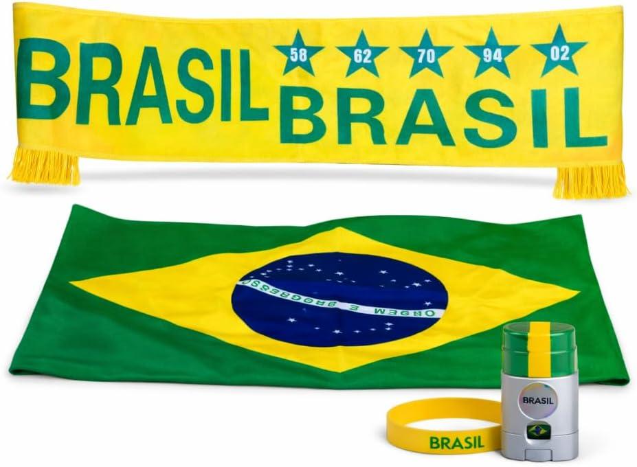 SIFRIMANIA Brasil Soccer Team Fan Gift Pack Kit 4 Pcs Scarf Bandana Bracelet Face Paint Brasil Set for Stadium Day Game Celebration Watch Party (Yellow)