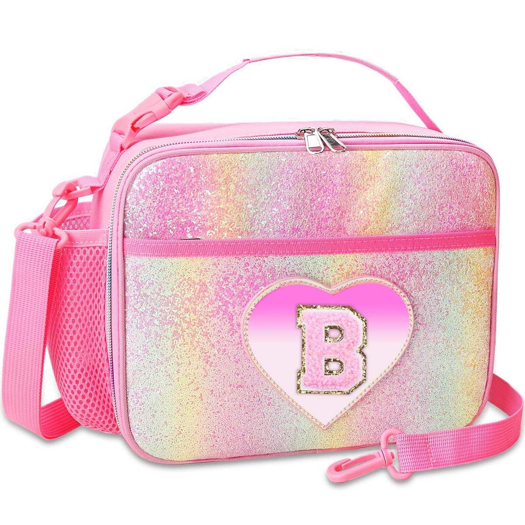 RHCPFOVR Kids Initial Lunch Bag - Insulated Lunch Box for Boys Girls,Washable Lunch Bag and Reusable Toddler Leak-proof Lunchbox for School and Daycare Pink A